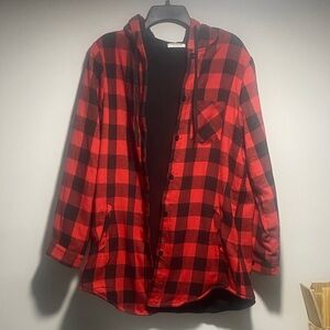 Red and Black Plaid Hooded Shirt